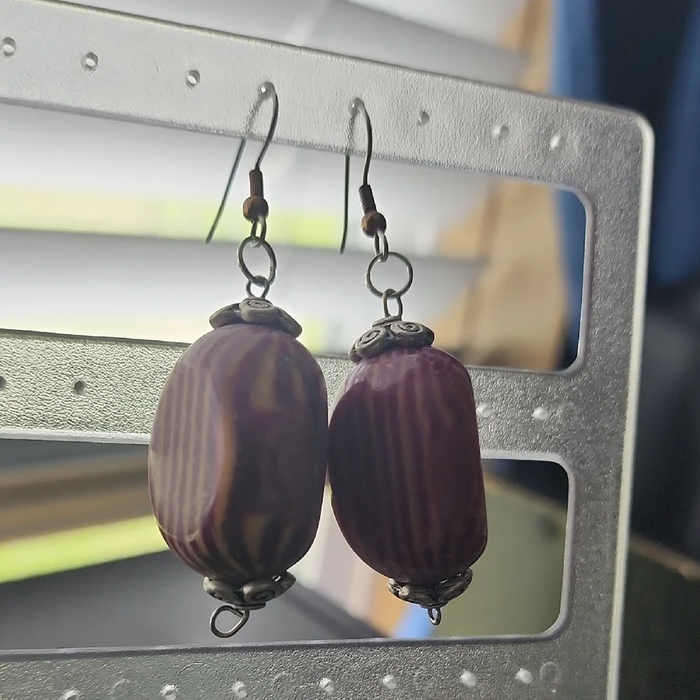 Handmade Purple Beaded Earrings - Picture 1 of 5